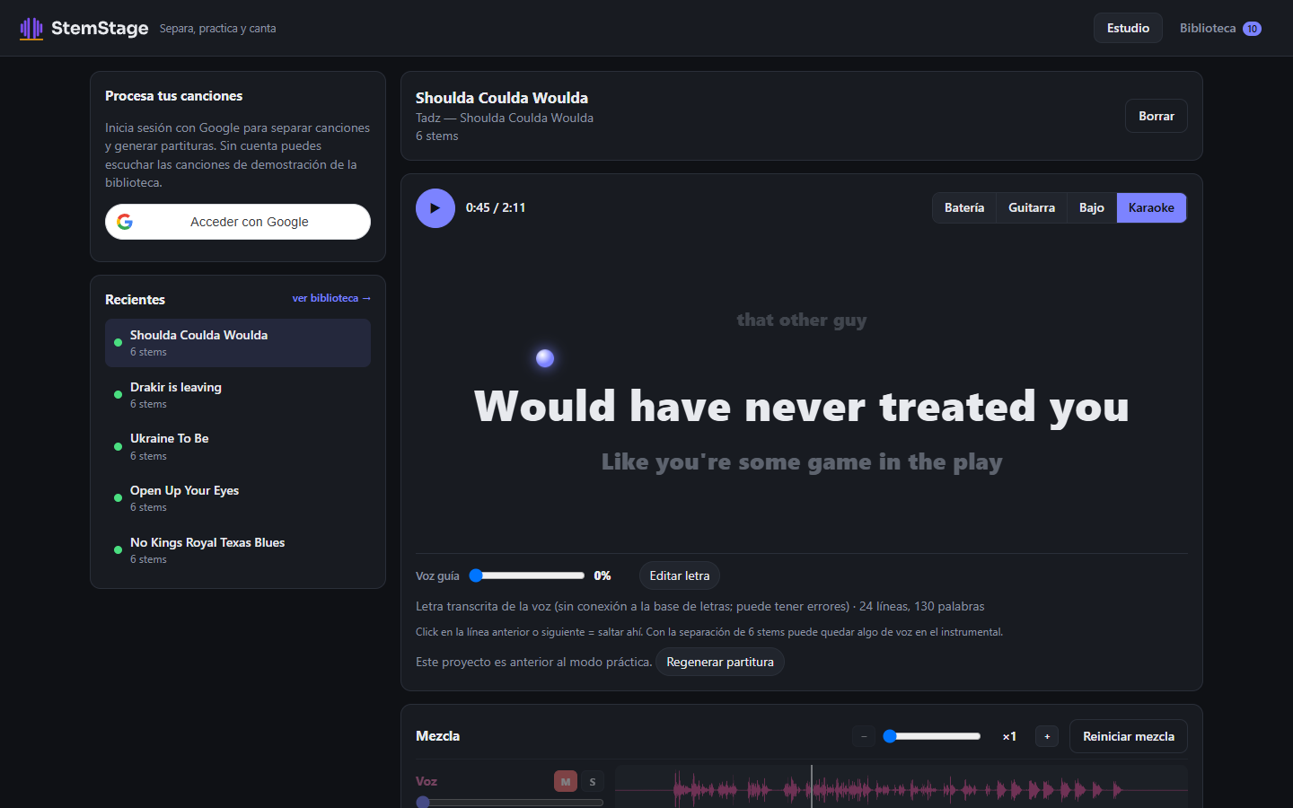Karaoke mode with the song lyrics highlighted
