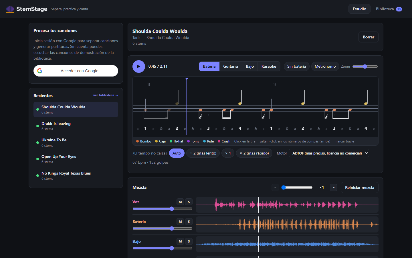 StemStage mixer showing drum notation and the separated tracks of a song